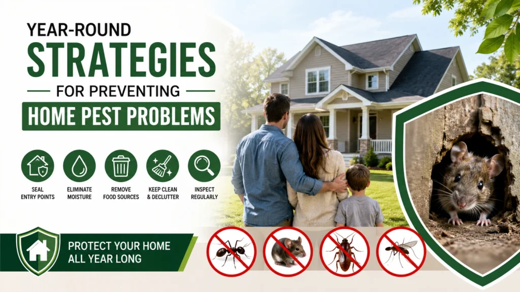 Year-round home pest prevention strategies showing a family home, pest inspection, and methods for preventing insects and rodents