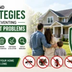 Year-round home pest prevention strategies showing a family home, pest inspection, and methods for preventing insects and rodents