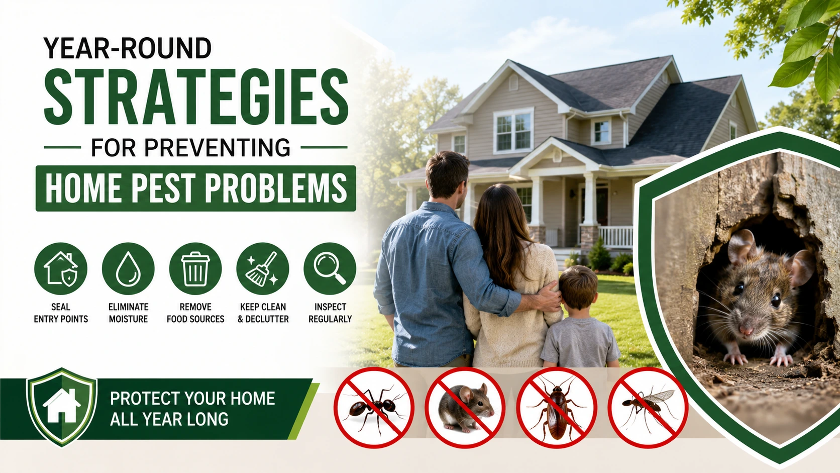 Year-round home pest prevention strategies showing a family home, pest inspection, and methods for preventing insects and rodents