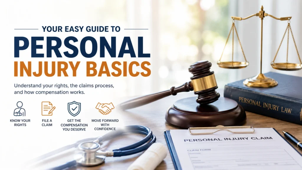 Feature image illustrating personal injury basics with a judge's gavel, scales of justice, legal claim documents, and medical tools representing accident claims, legal rights, and compensation.