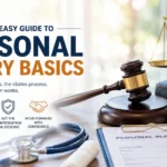 Feature image illustrating personal injury basics with a judge's gavel, scales of justice, legal claim documents, and medical tools representing accident claims, legal rights, and compensation.