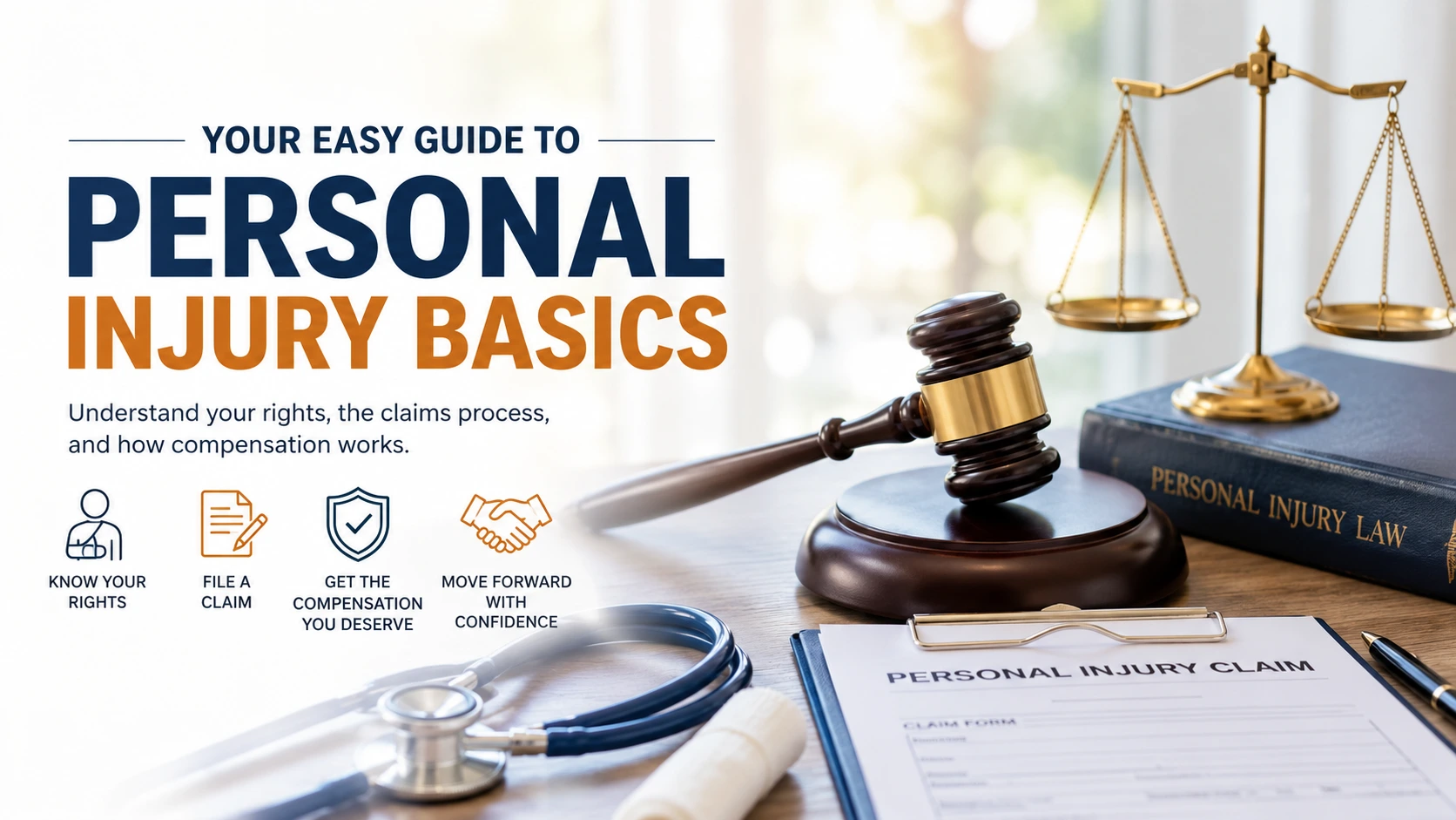 Feature image illustrating personal injury basics with a judge's gavel, scales of justice, legal claim documents, and medical tools representing accident claims, legal rights, and compensation.