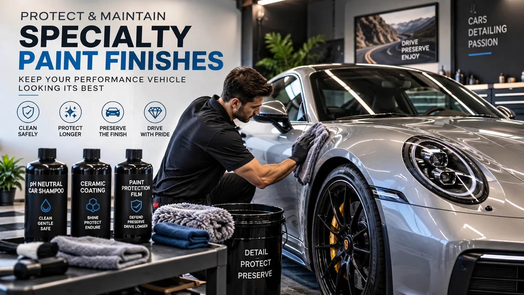Professional detailing a performance vehicle to protect and maintain its specialty paint finish