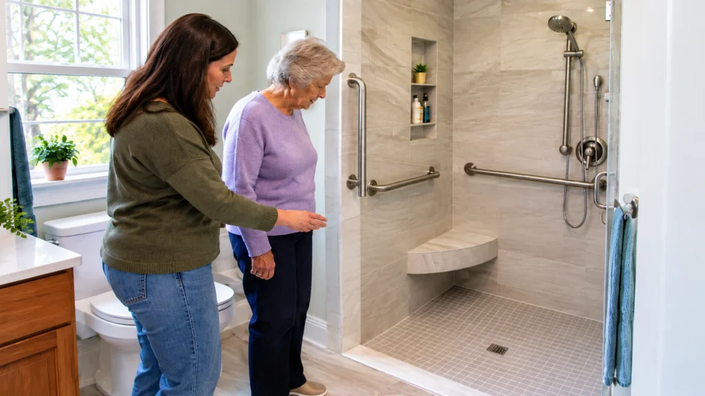 Caregiver helping an older woman explore a safer accessible bathroom with a walk-in shower, grab bars, built-in seat, and non-slip flooring