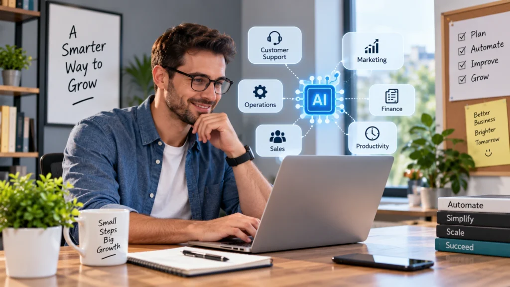 AI automation helping small businesses improve operations, productivity, customer service, marketing, sales, and finance