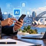 Australian legal professional using mobile technology and AI with Sydney Harbour in the background