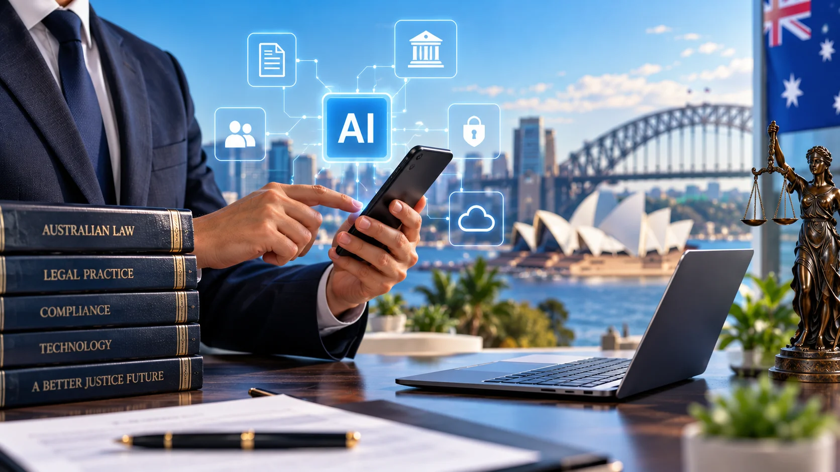 Australian legal professional using mobile technology and AI with Sydney Harbour in the background