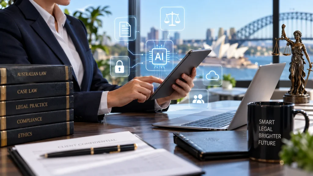Australian lawyer using mobile technology and specialised AI in a modern legal workspace