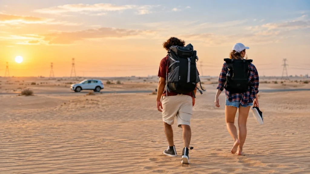 Two backpackers walking across desert sands at sunset during a travel adventure