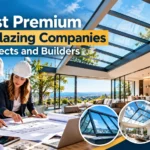 Architects and builders reviewing roof glazing plans beside a modern glass-roofed building with premium skylights