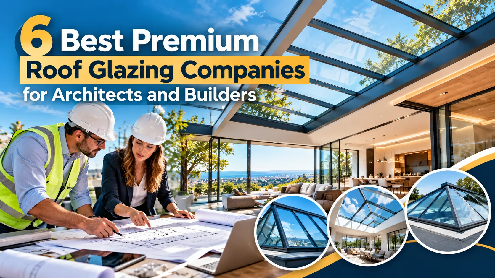 Architects and builders reviewing roof glazing plans beside a modern glass-roofed building with premium skylights
