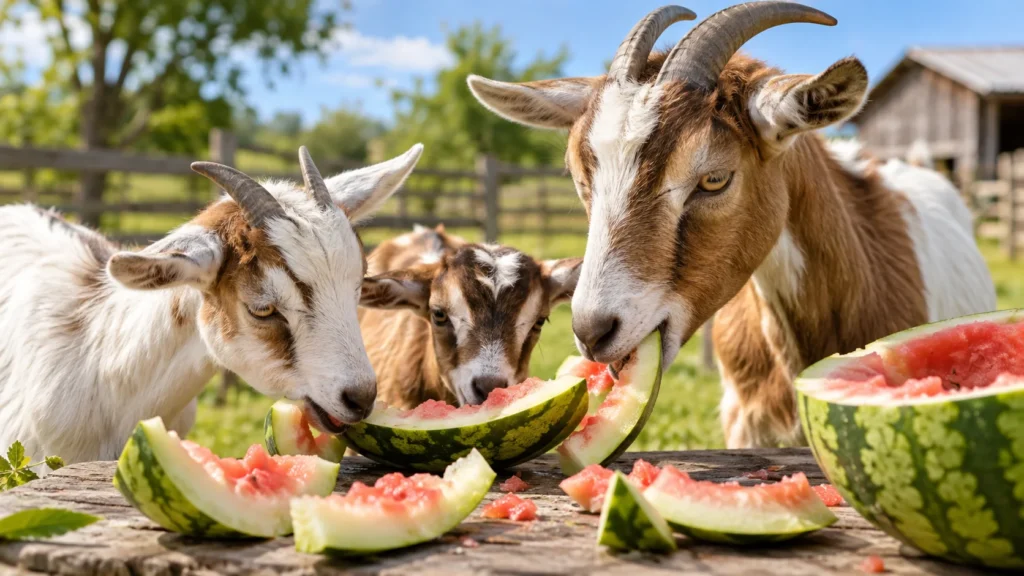 Goats eating fresh watermelon rind on a farm