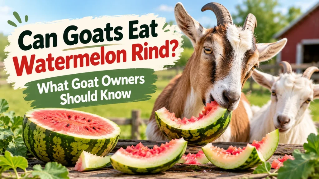Goat eating watermelon rind while another goat stands nearby on a farm