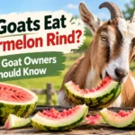 Goat eating watermelon rind while another goat stands nearby on a farm