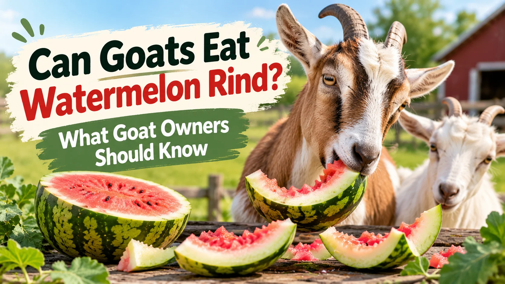 Goat eating watermelon rind while another goat stands nearby on a farm