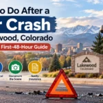 Feature image about what to do after a car crash in Lakewood, Colorado, showing a damaged car, warning triangle, mountains, and safety steps