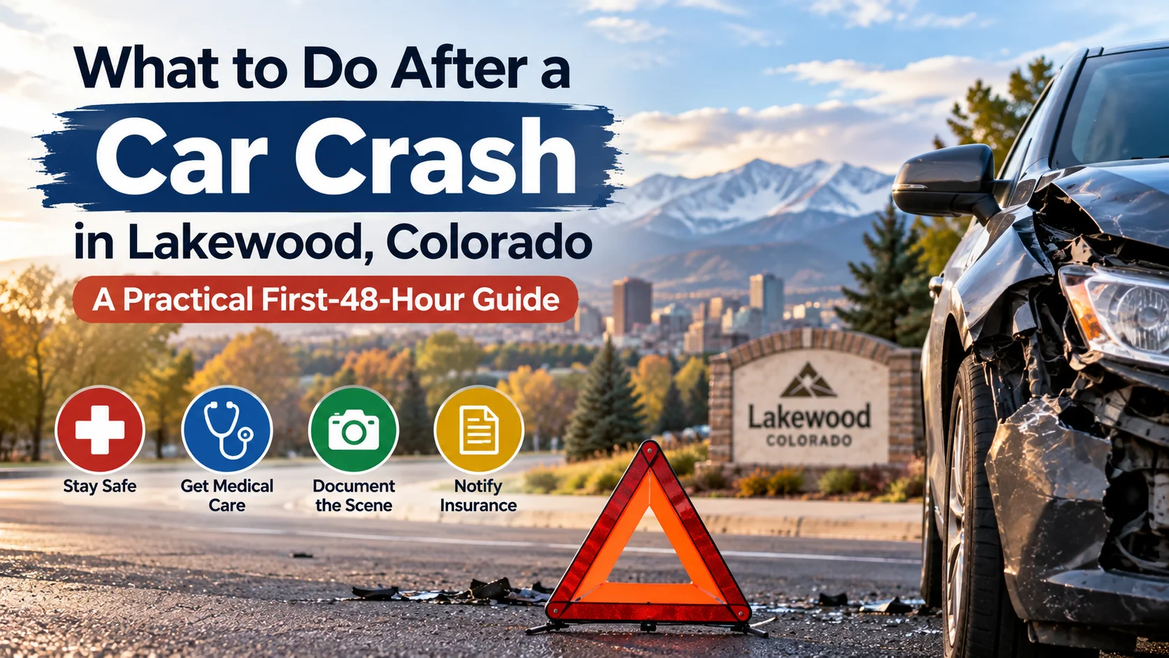 Feature image about what to do after a car crash in Lakewood, Colorado, showing a damaged car, warning triangle, mountains, and safety steps