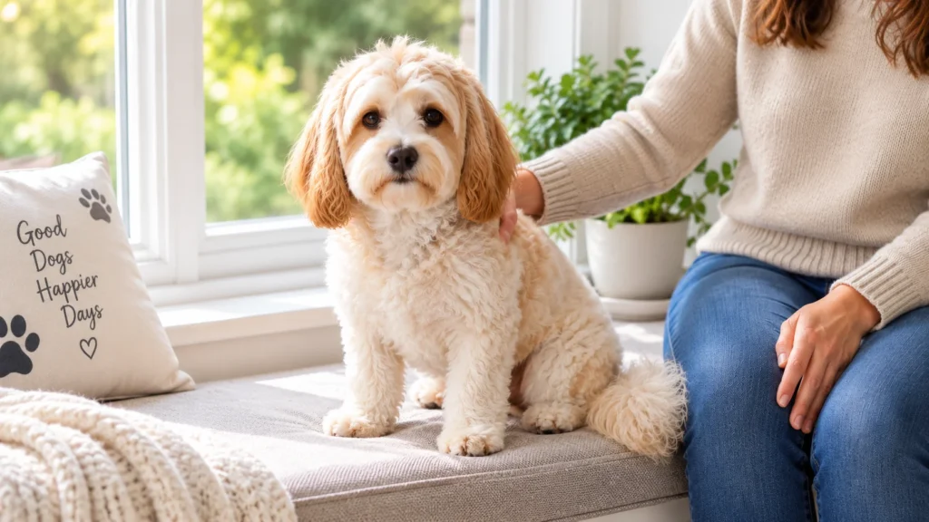 Cavachon dog with owner at home for a pet insurance and health history guide
