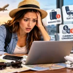 Common booking mistakes that inflate trip costs, including baggage fees, seat fees, currency conversion, resort fees, and travel insurance