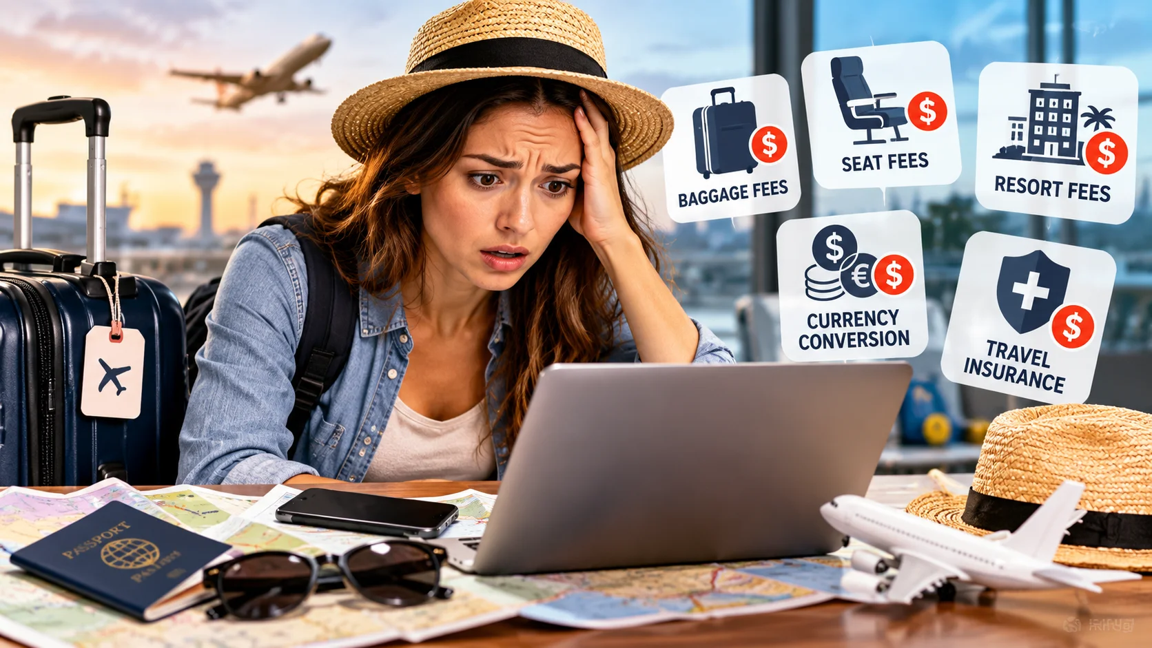 Common booking mistakes that inflate trip costs, including baggage fees, seat fees, currency conversion, resort fees, and travel insurance