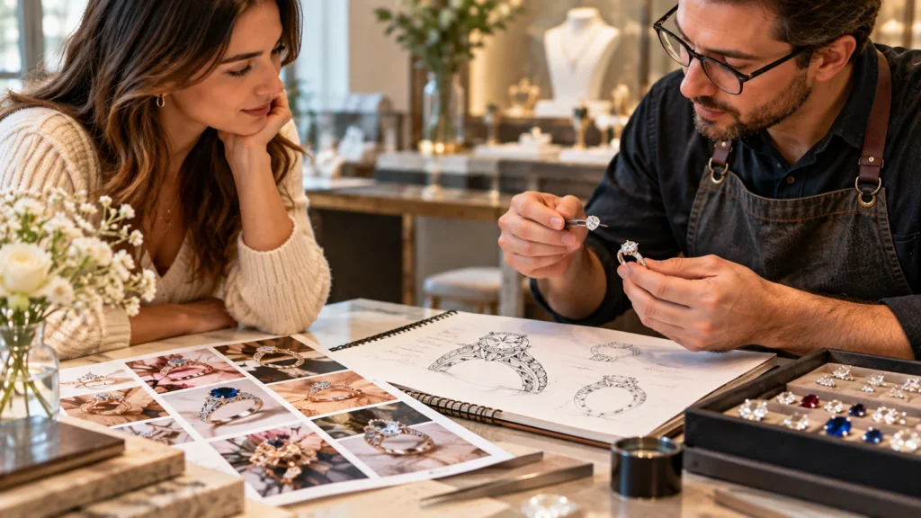 Jeweller discussing a custom jewellery design with a client using sketches, gemstones, and a 3D ring rendering