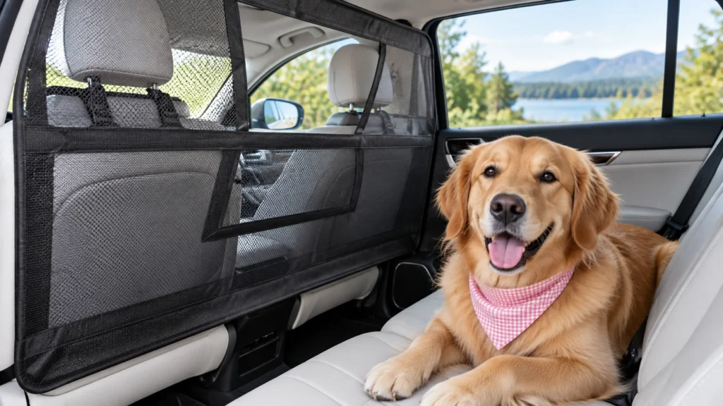 Golden retriever sitting comfortably behind a mesh dog car barrier in a vehicle during a road trip