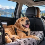 Golden Labrador comfortably riding in an organized SUV with a dog car barrier and travel gear during a mountain road trip