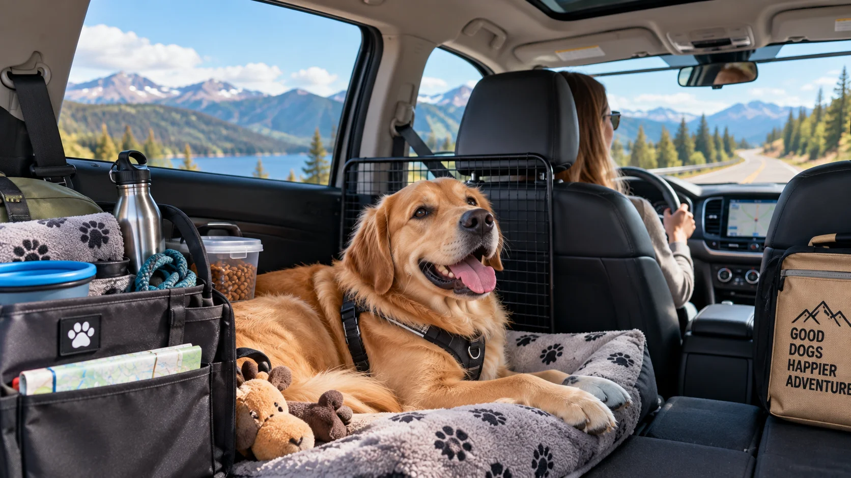 Golden Labrador comfortably riding in an organized SUV with a dog car barrier and travel gear during a mountain road trip