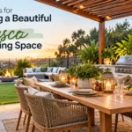 Beautiful alfresco dining space with outdoor dining furniture, garden, lighting and outdoor kitchen
