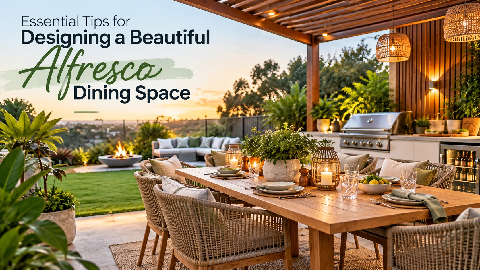 Beautiful alfresco dining space with outdoor dining furniture, garden, lighting and outdoor kitchen