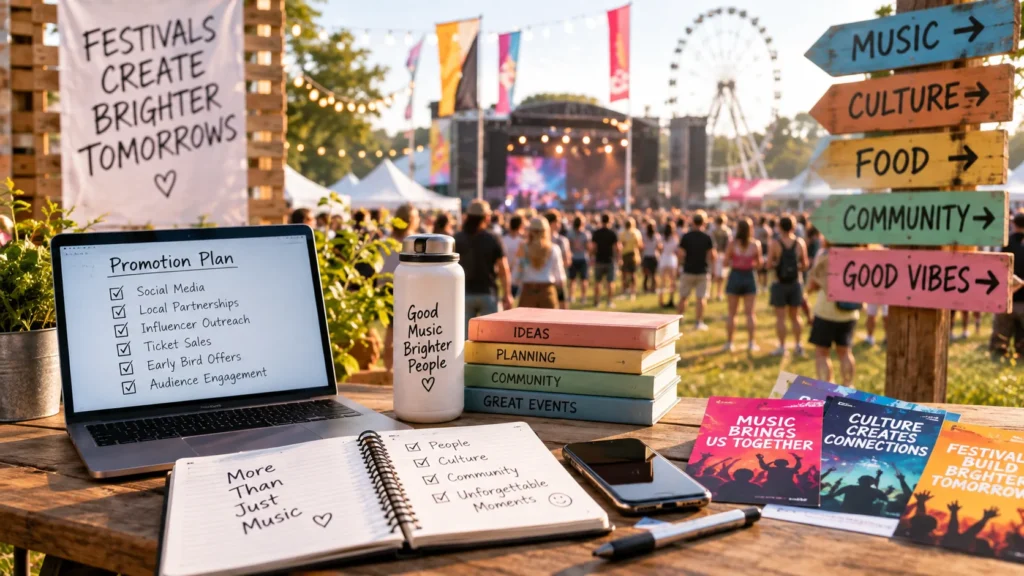 Festival promotion planning with social media, local partnerships, ticket sales, and audience engagement at a lively music and cultural festival