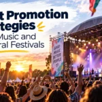 Crowd enjoying a vibrant music and cultural festival with stage lights and event promotion messaging