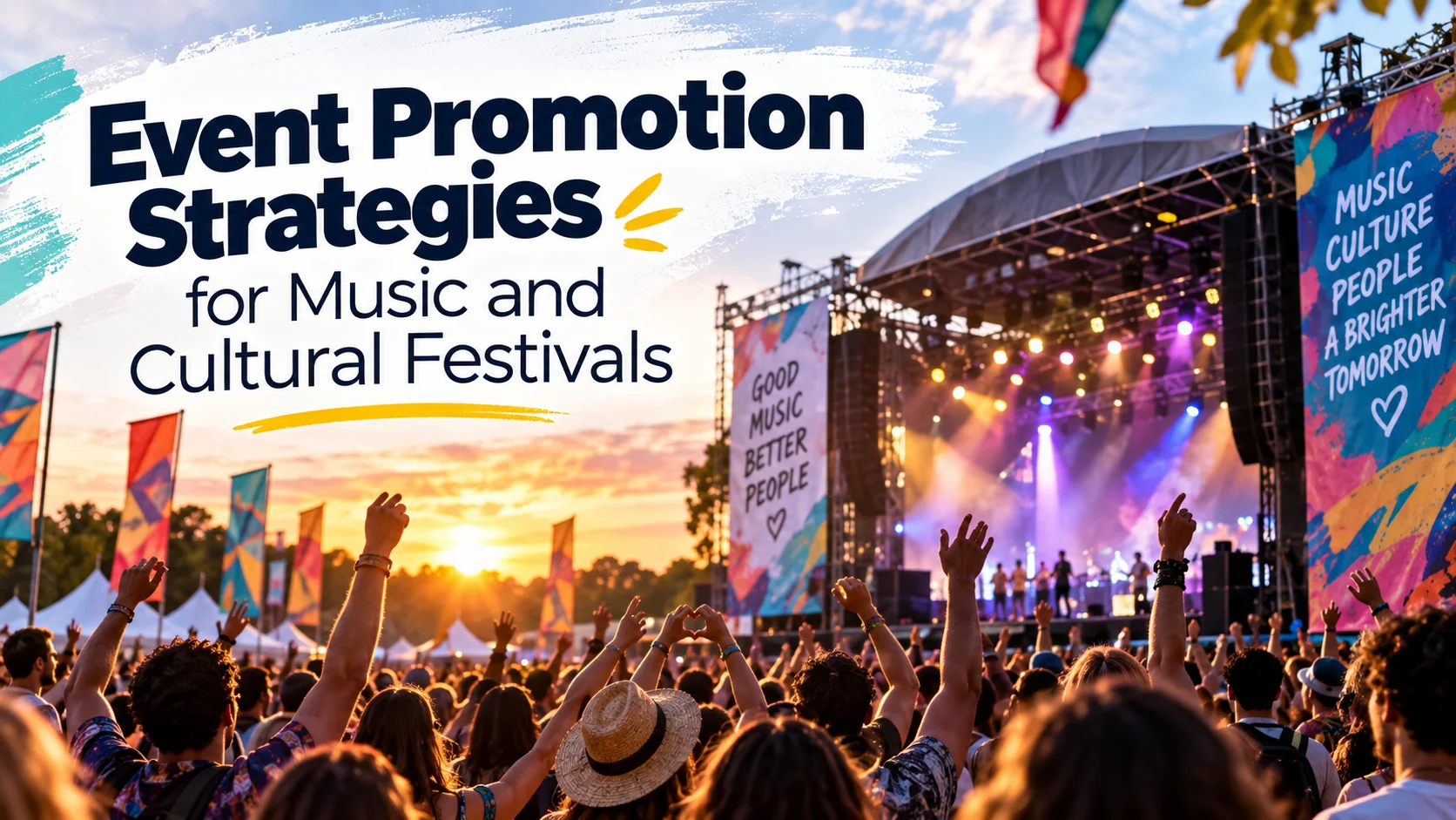 Crowd enjoying a vibrant music and cultural festival with stage lights and event promotion messaging