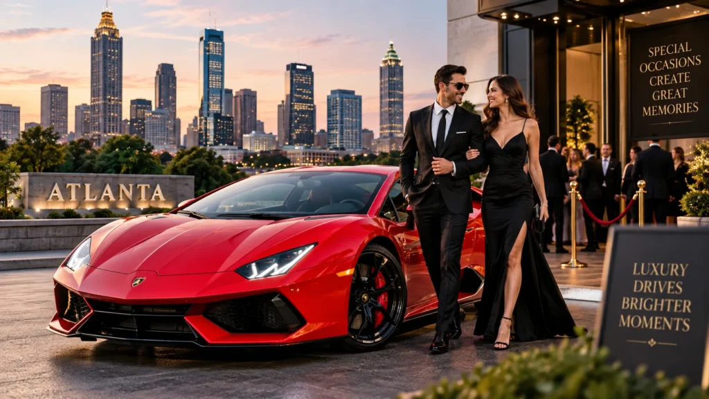 Red exotic car with a formally dressed couple outside a luxury event venue in Atlanta