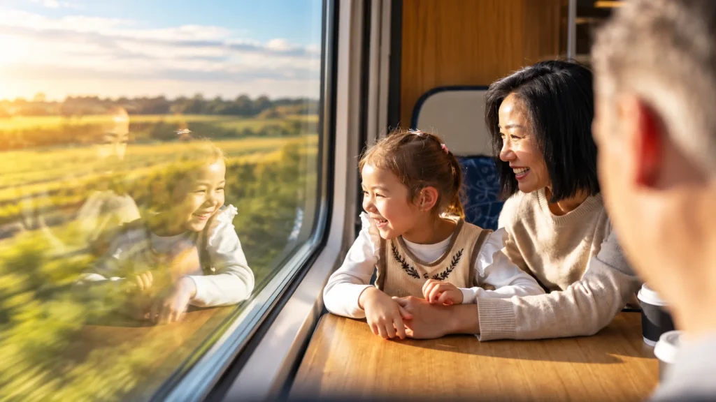 Family enjoying a scenic train journey through the New Zealand countryside