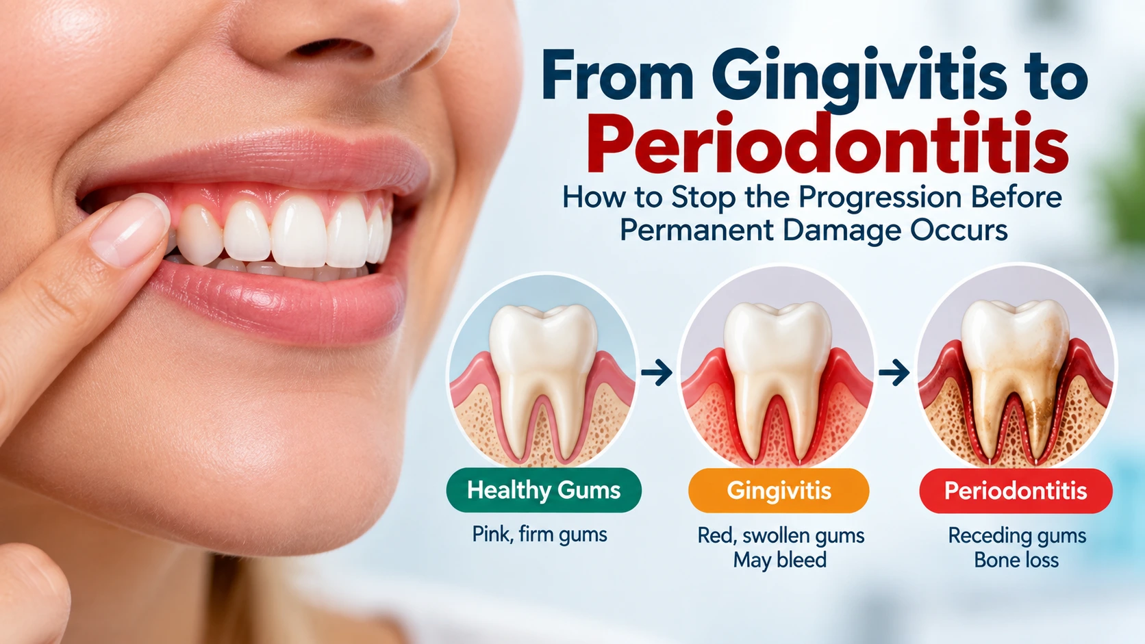 Gingivitis progressing to periodontitis with gum inflammation and bone loss