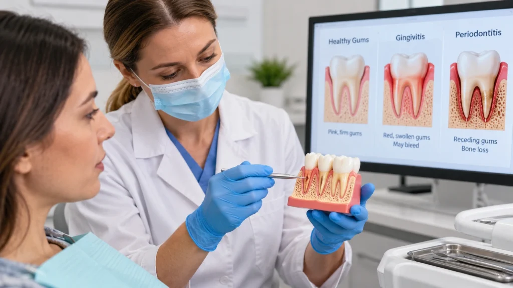Dentist explaining the progression from gingivitis to periodontitis using a tooth and gum model