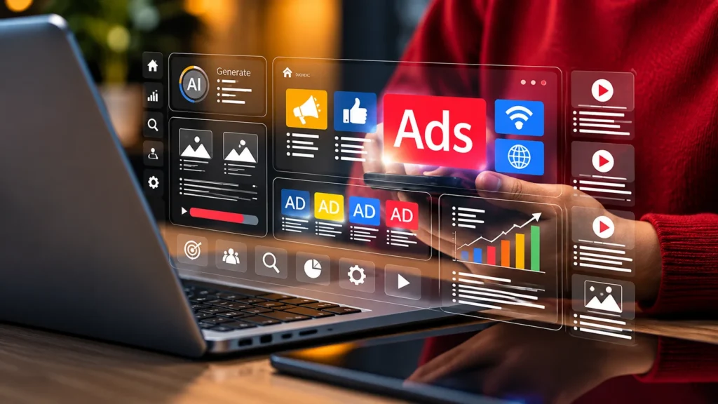 Digital advertising strategy with online ads, AI marketing tools, and analytics dashboard on a laptop