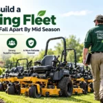 Professional landscaper standing beside a fleet of commercial mowers for reliable seasonal operations