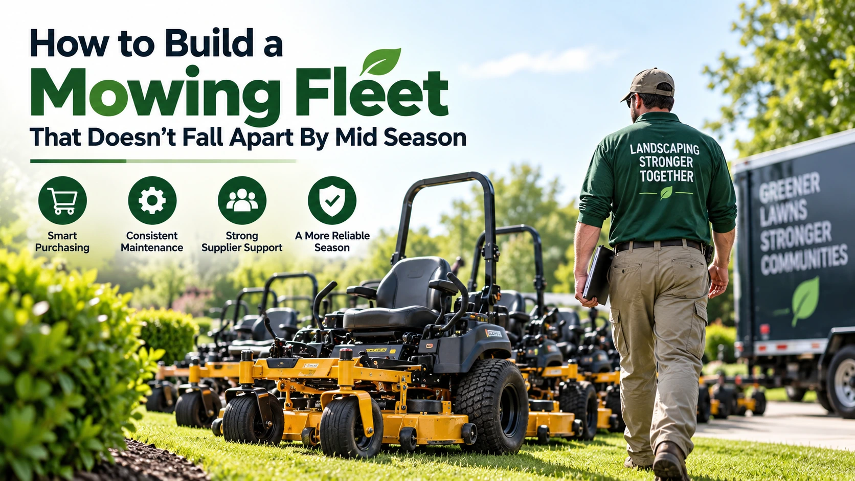 Professional landscaper standing beside a fleet of commercial mowers for reliable seasonal operations