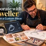 Jeweller and client collaborating on a custom jewellery design with sketches, gemstones, and a 3D ring rendering