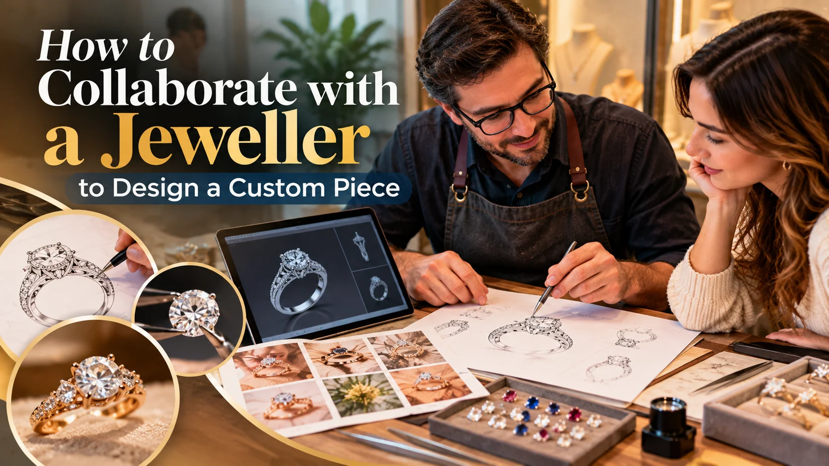 Jeweller and client collaborating on a custom jewellery design with sketches, gemstones, and a 3D ring rendering