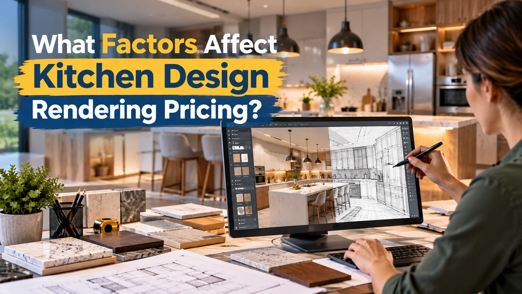 Kitchen design rendering pricing factors shown through a realistic kitchen visualization and design workstation