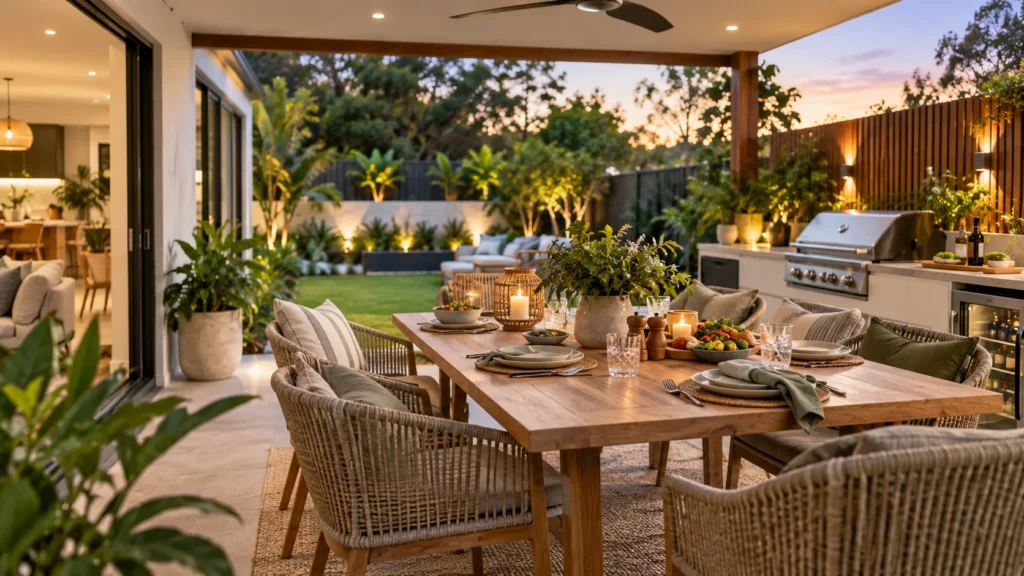 Beautiful alfresco dining space with outdoor furniture, garden, lighting and outdoor kitchen
