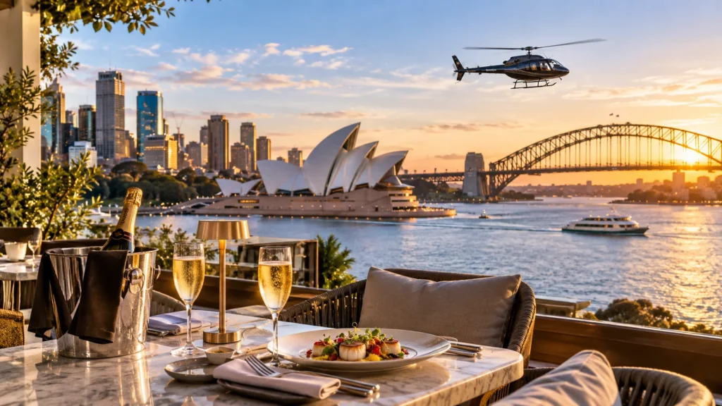 Luxury Sydney travel experience with fine dining, Sydney Opera House, Harbour Bridge and helicopter at sunset