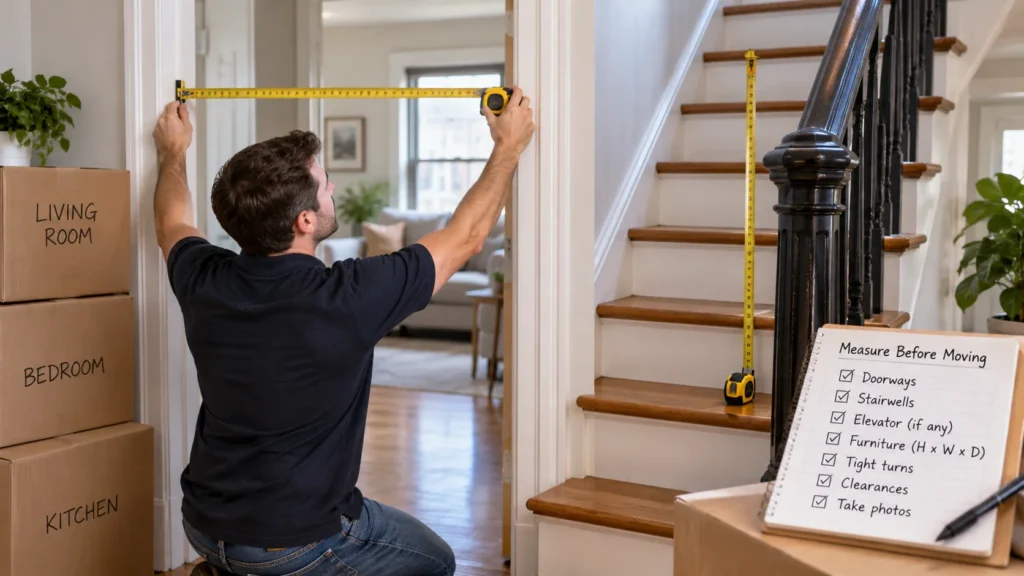 Person measuring a doorway and stairwell with a tape measure before moving day