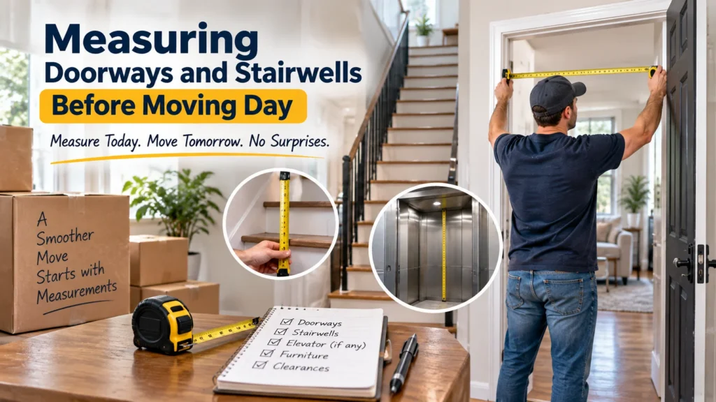 Measuring doorways and stairwells with a tape measure before moving day