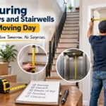 Measuring doorways and stairwells with a tape measure before moving day
