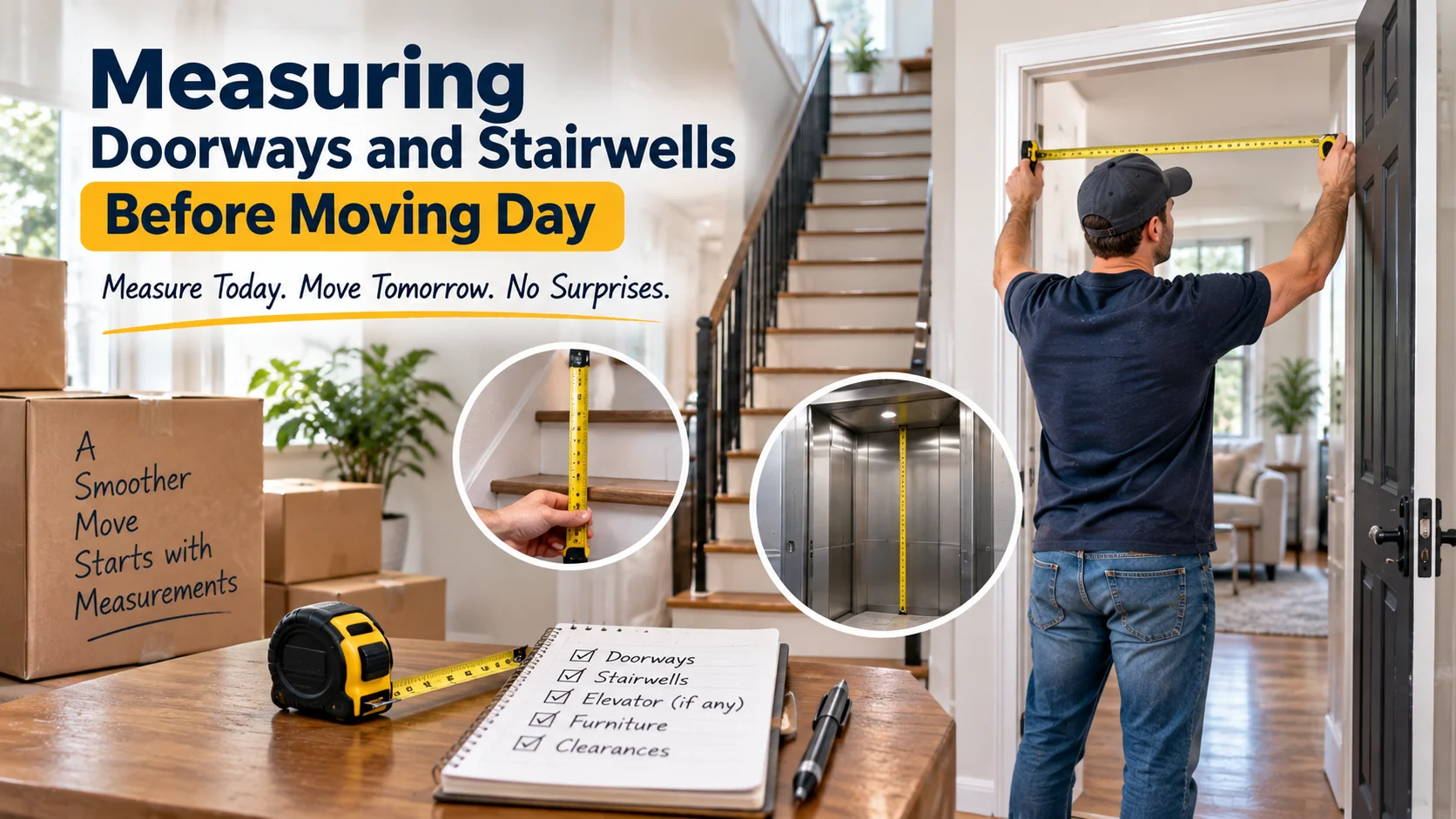 Measuring doorways and stairwells with a tape measure before moving day