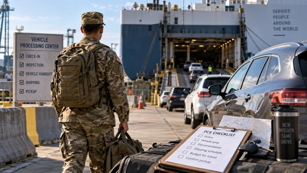 Military POV shipping process showing a service member and vehicles at a vehicle processing center before overseas transport